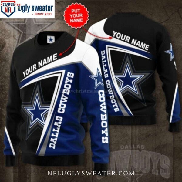 Black Blue White Curved NFL Dallas Cowboys Custom Name Ugly Christmas Sweater