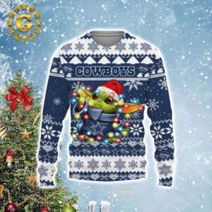 Dallas Cowboys Baby Yoda Star Wars Christmas Light Ugly Sweater 2024