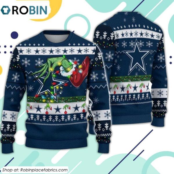 The Grinch Holding Dallas Cowboys Design Ugly Christmas Sweater 1